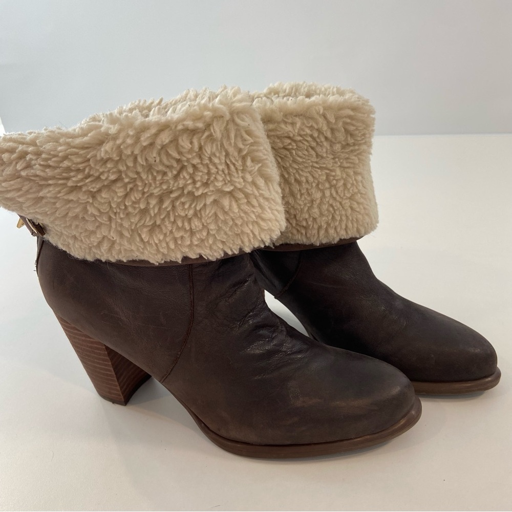 Tommy Hilfiger heeled ankle boots brown genuine leather shearling size 8 almond - Picture 8 of 16